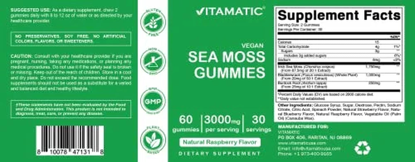 Irish Sea Moss Gummies - 3000 Mg - 60 Vegan Gummies - Made with Bladderwrack & Burdock Root - Seamoss Supplement for Thyroid, Energy, Immune Support