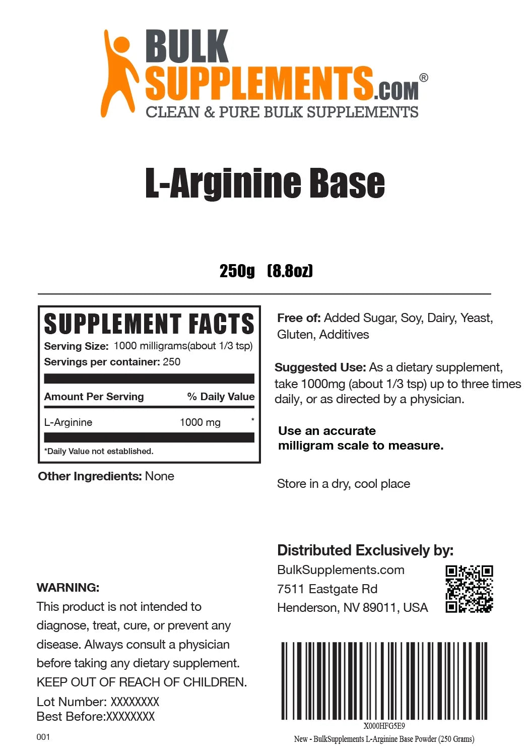 Bulksupplements L-Arginine Powder - Arginine Supplement - Unflavored, 1G per Serving, 250G (8.8)