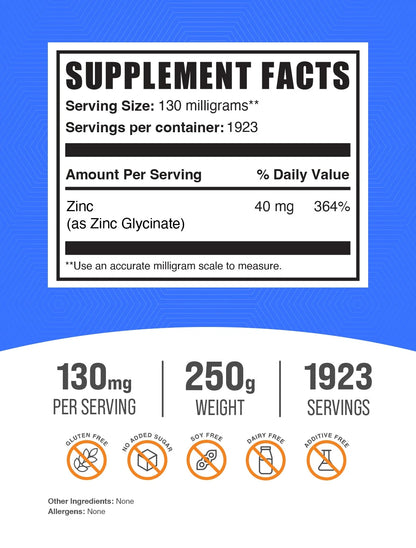 Bulksupplements Zinc Glycinate Powder - Gluten Free, 130Mg per Serving - 250 Grams (8.8 Oz) - 1923 Servings