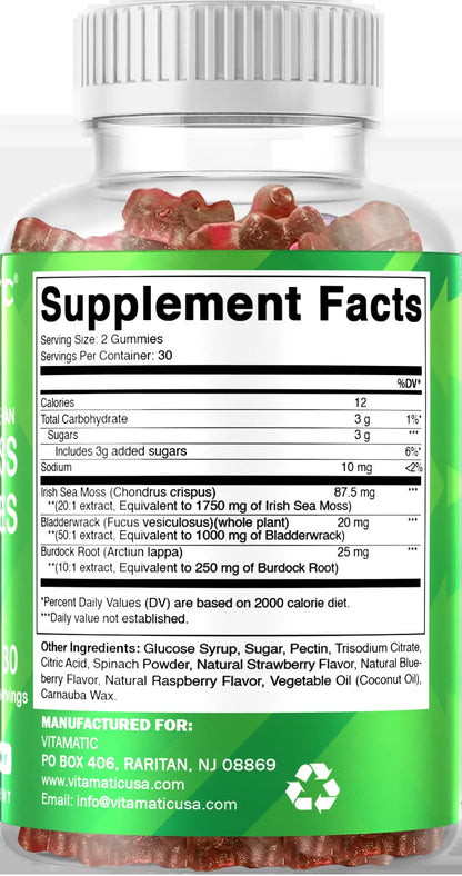 Irish Sea Moss Gummies - 3000 Mg - 60 Vegan Gummies - Made with Bladderwrack & Burdock Root - Seamoss Supplement for Thyroid, Energy, Immune Support