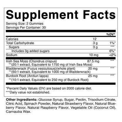 Irish Sea Moss Gummies - 3000 Mg - 60 Vegan Gummies - Made with Bladderwrack & Burdock Root - Seamoss Supplement for Thyroid, Energy, Immune Support